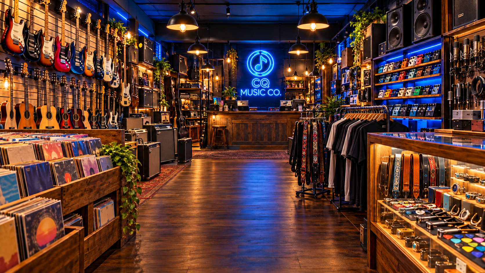 Inside CQ Music Co. with instruments, vinyl, live sound, accessories and clothing departments